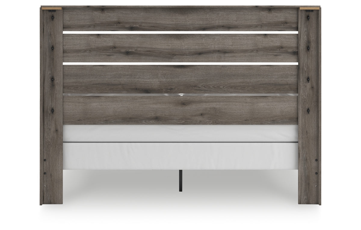 Graystorm King Panel Bed with Mirrored Dresser and Chest