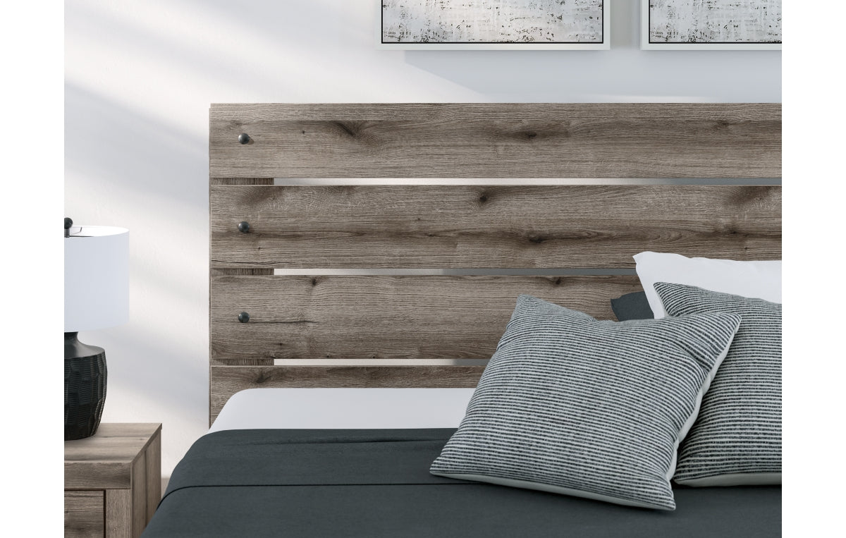 Graystorm King Panel Bed with Mirrored Dresser, Chest and Nightstand