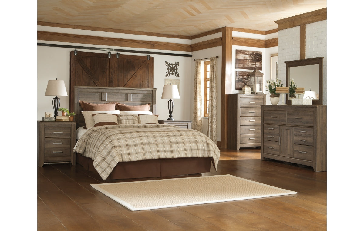 Juararo Queen Panel Headboard with Mirrored Dresser and Chest