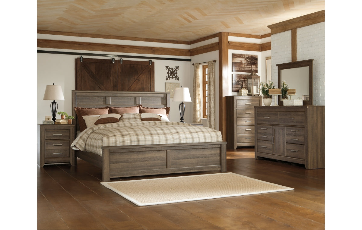 Juararo California King Panel Bed with Mirrored Dresser, Chest and Nightstand