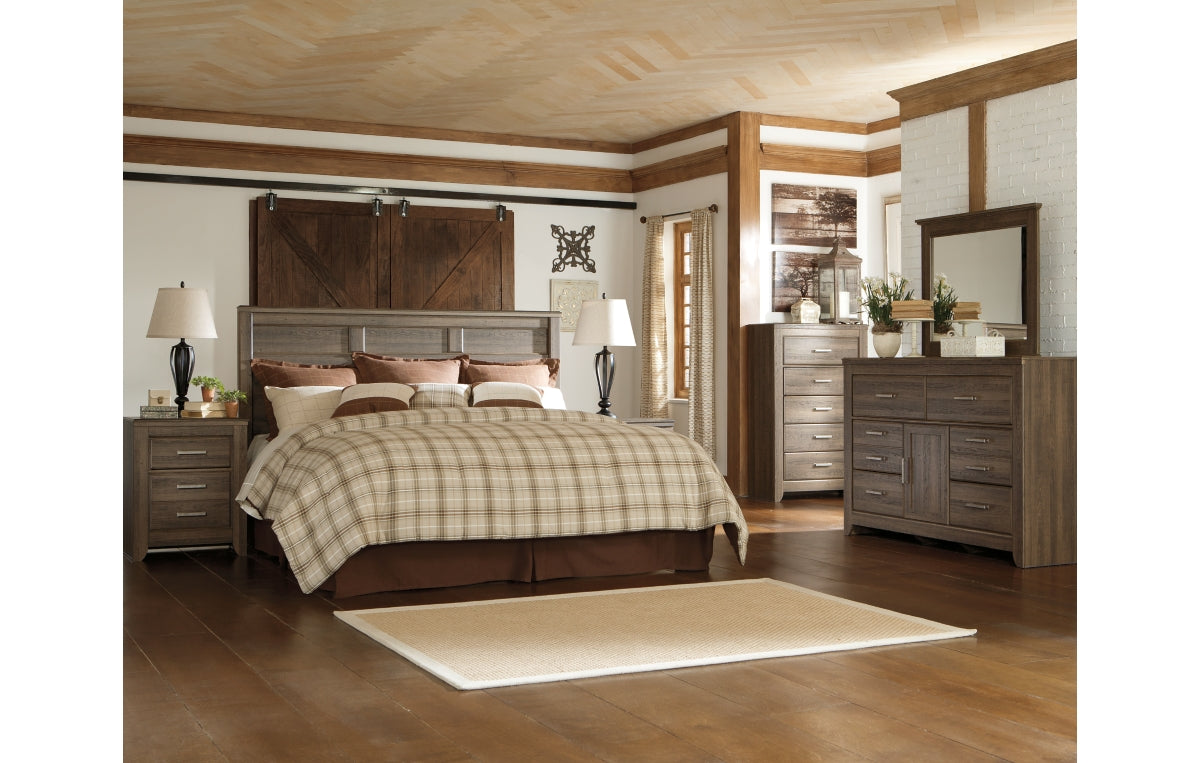 Juararo King/California King Panel Headboard with Mirrored Dresser and Chest
