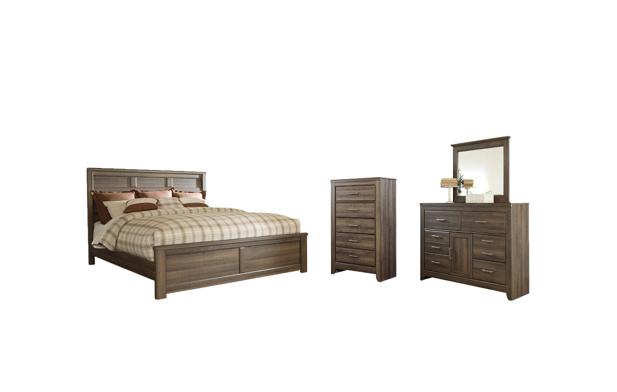 Juararo Queen Panel Bed with Mirrored Dresser and Chest
