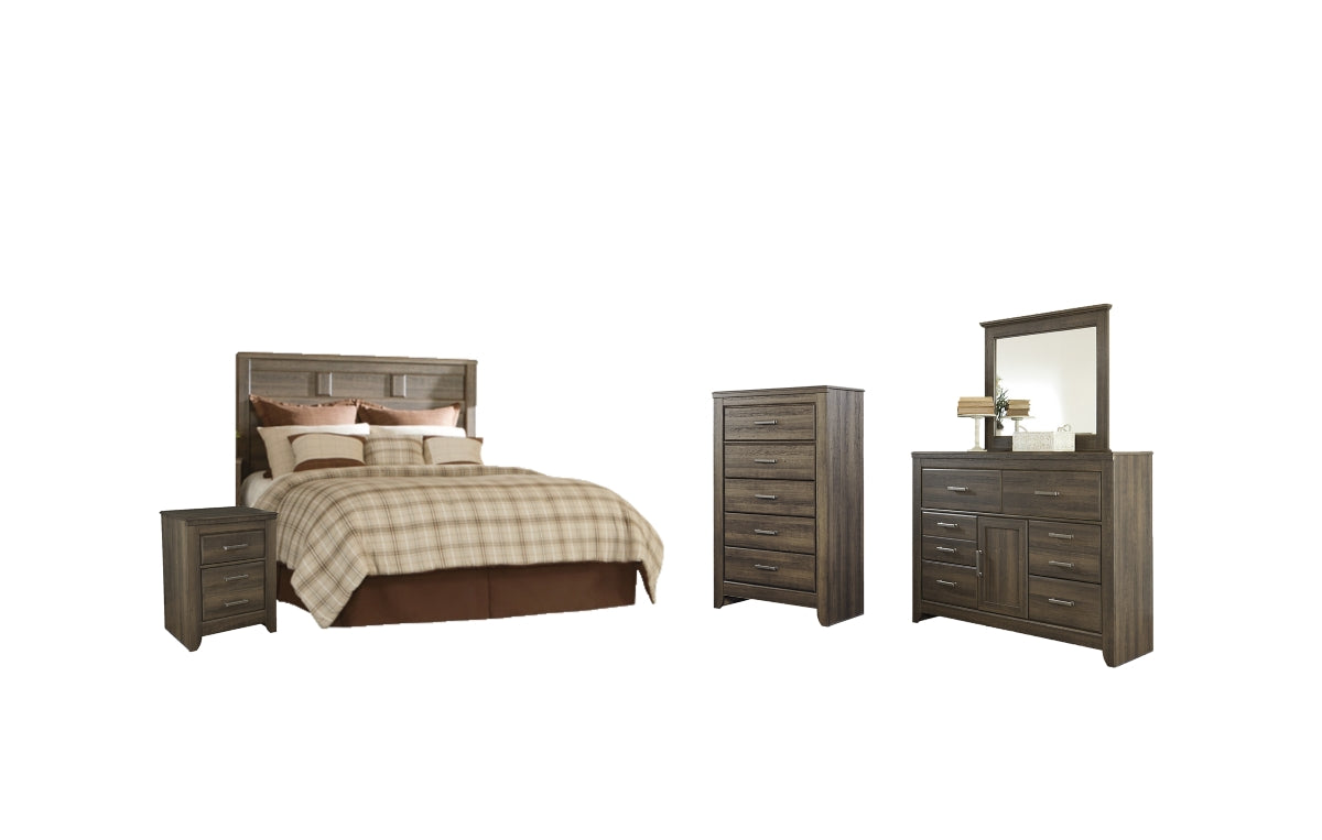 Juararo Queen Panel Headboard with Mirrored Dresser, Chest and Nightstand