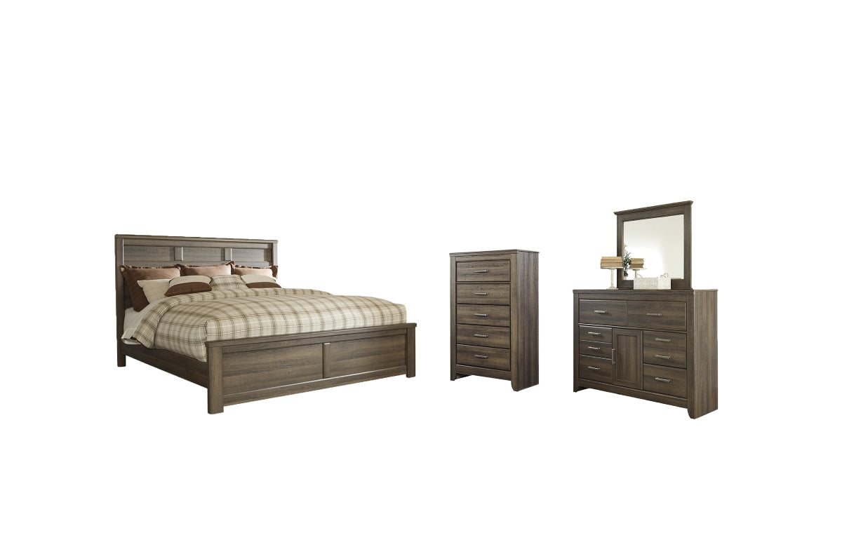 Juararo California King Panel Bed with Mirrored Dresser and Chest