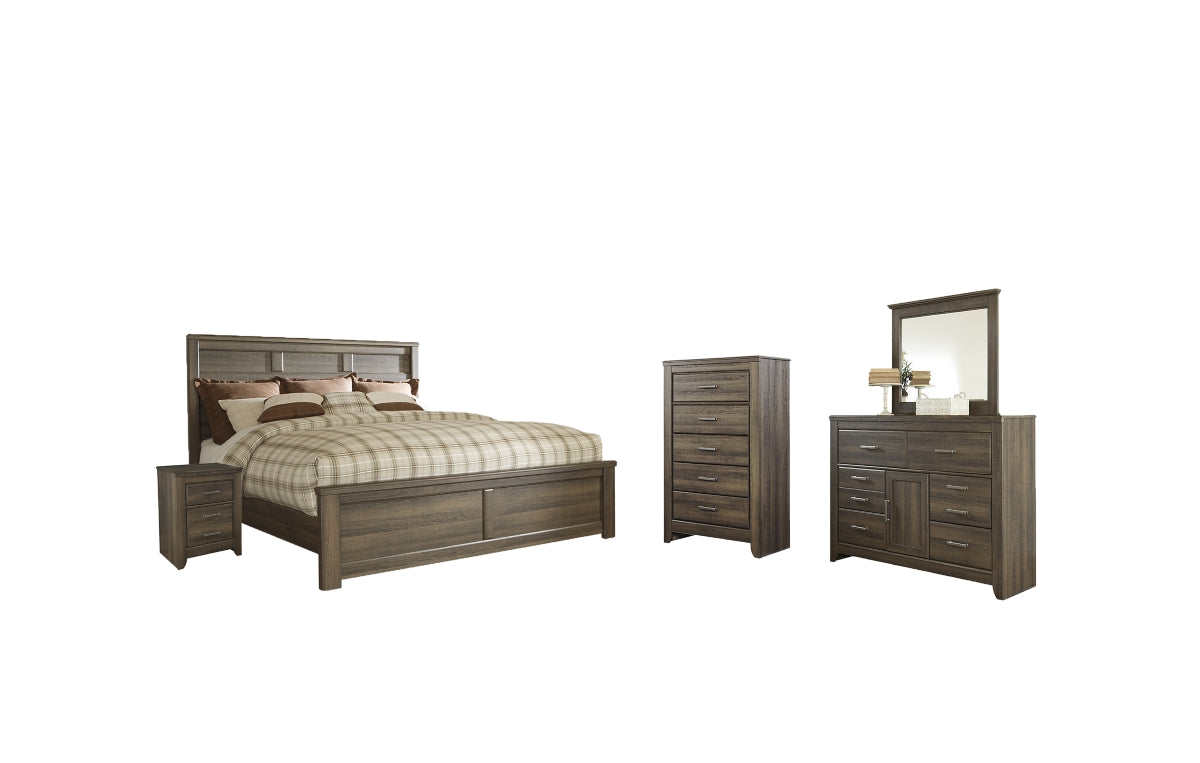 Juararo California King Panel Bed with Mirrored Dresser, Chest and Nightstand