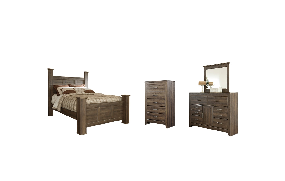 Juararo Queen Poster Bed with Mirrored Dresser and Chest