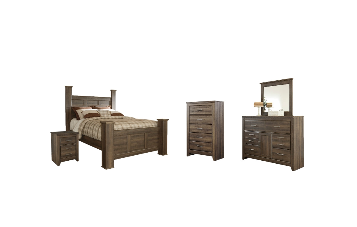 Juararo Queen Poster Bed with Mirrored Dresser, Chest and Nightstand