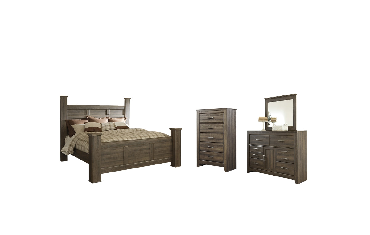 Juararo California King Poster Bed with Mirrored Dresser and Chest