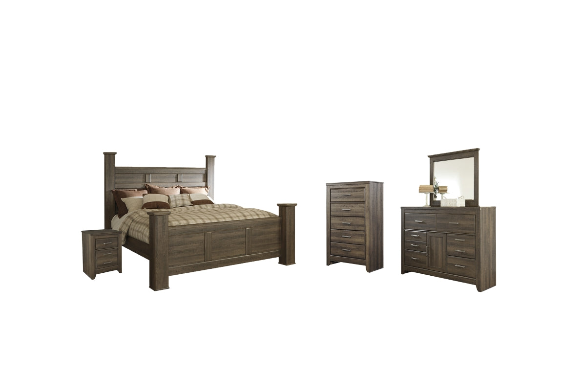 Juararo California King Poster Bed with Mirrored Dresser, Chest and Nightstand