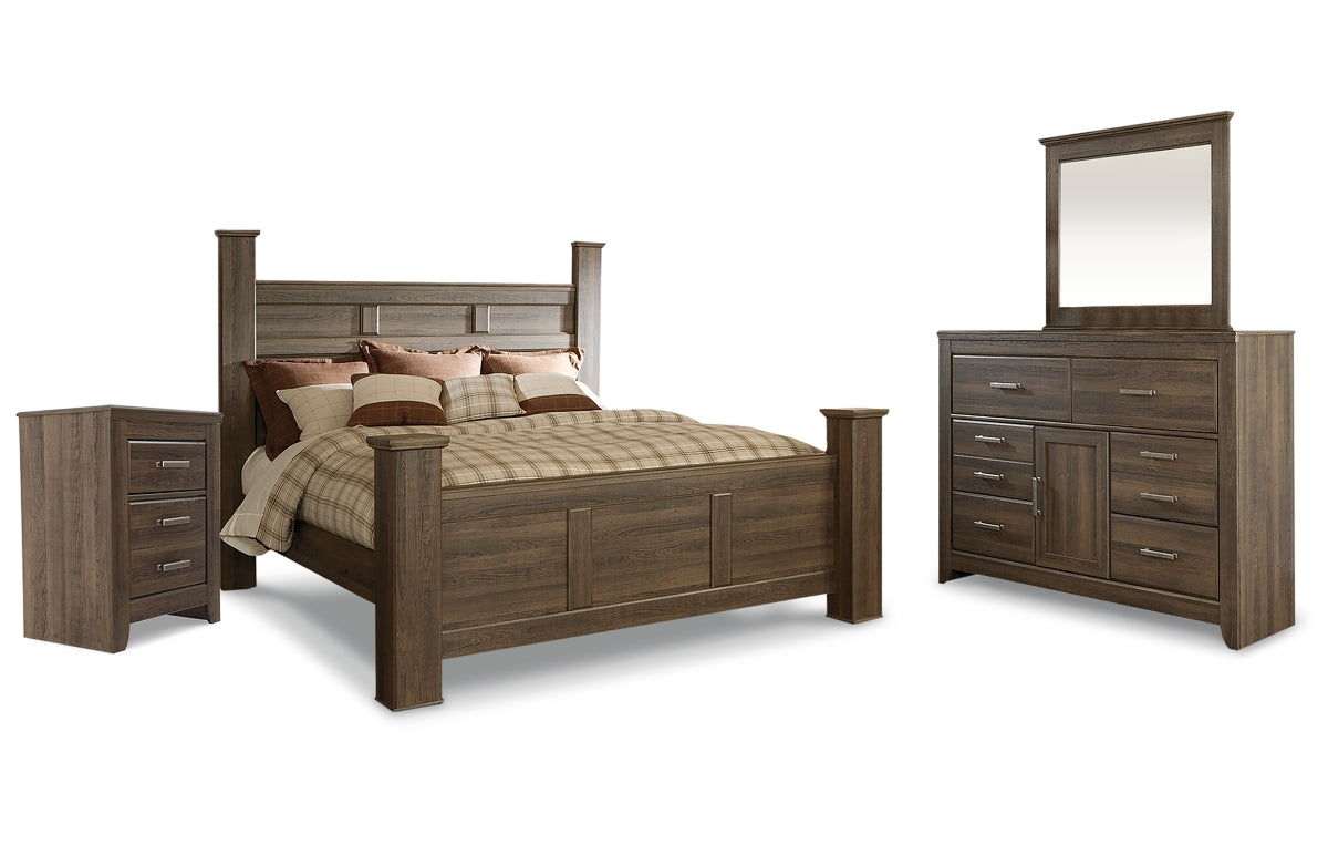 Juararo King Poster Bed with Mirrored Dresser and Nightstand