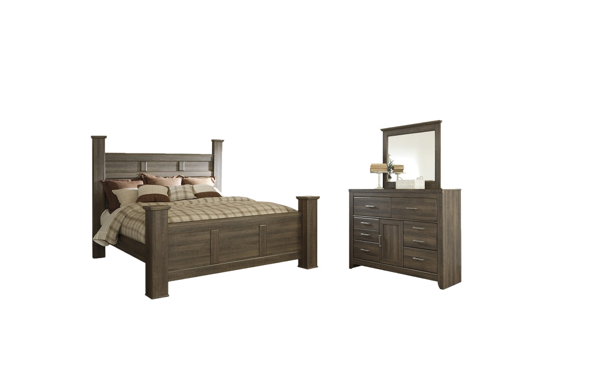 Juararo California King Poster Bed with Mirrored Dresser