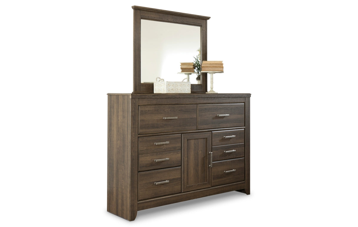 Juararo King Poster Bed with Mirrored Dresser and Nightstand