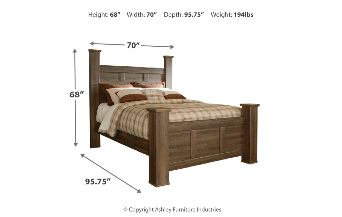 Juararo Queen Poster Bed with Mirrored Dresser and Chest