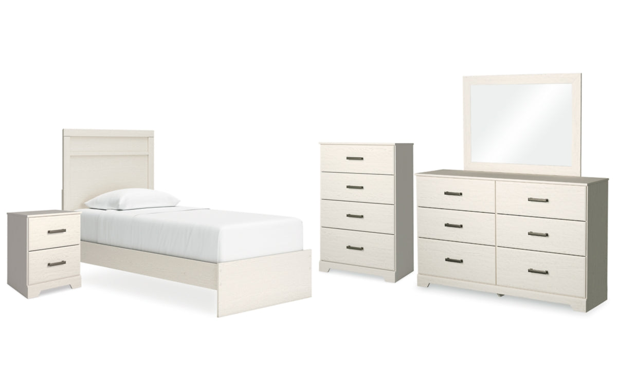Stelsie Twin Panel Bed with Mirrored Dresser, Chest and Nightstand