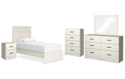 Stelsie Twin Panel Bed with Mirrored Dresser, Chest and Nightstand