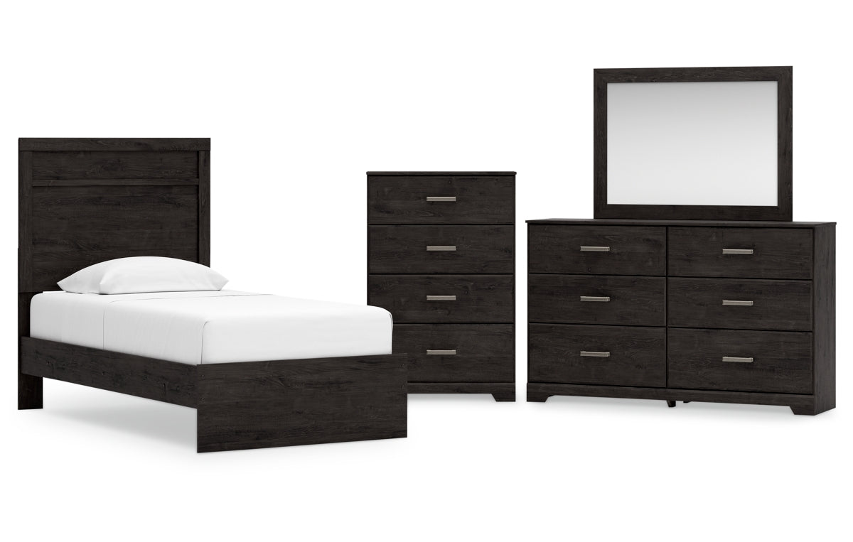 Belachime Twin Panel Bed with Mirrored Dresser and Chest