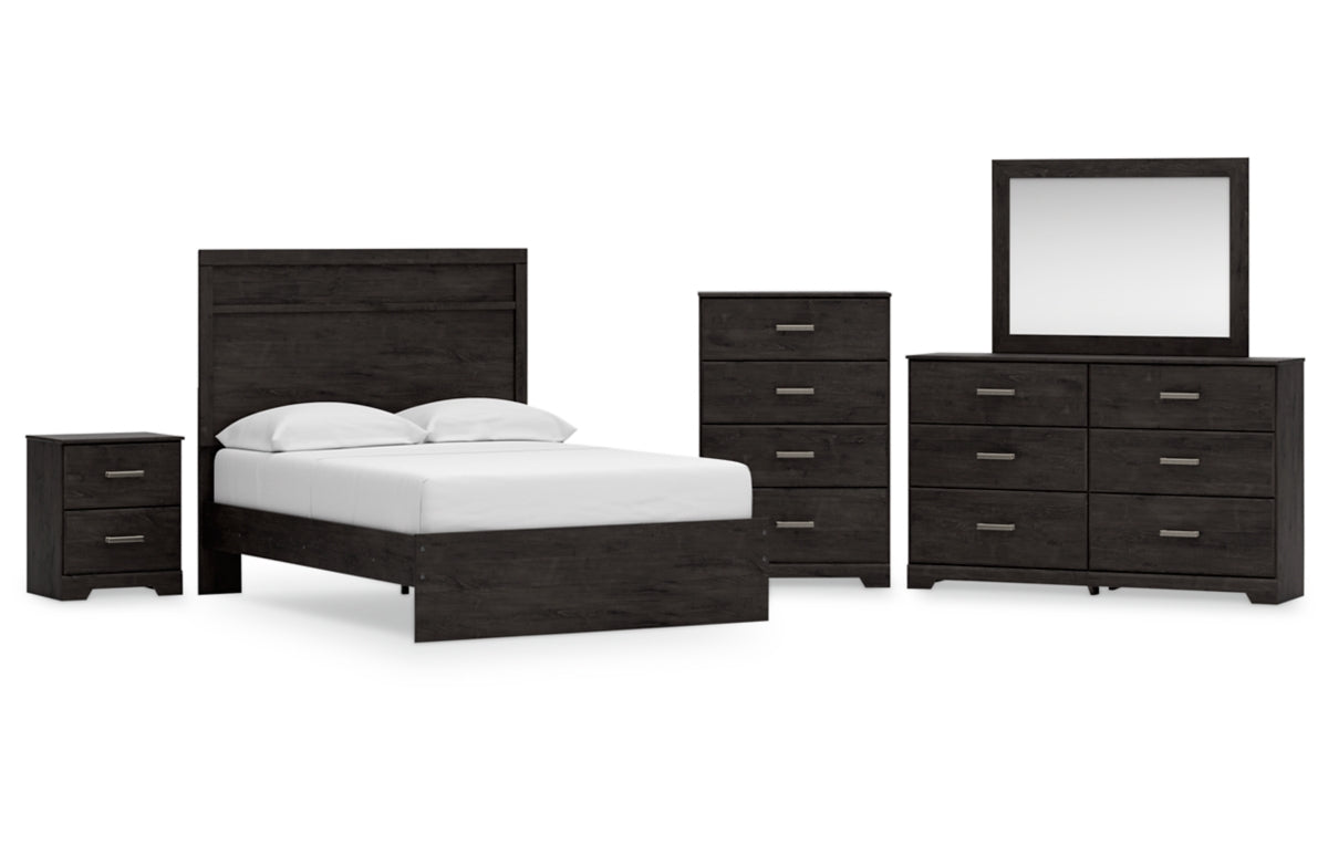 Belachime Full Panel Bed with Mirrored Dresser, Chest and Nightstand