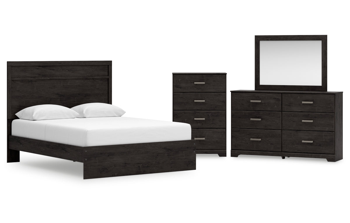 Belachime Queen Panel Bed with Mirrored Dresser and Chest