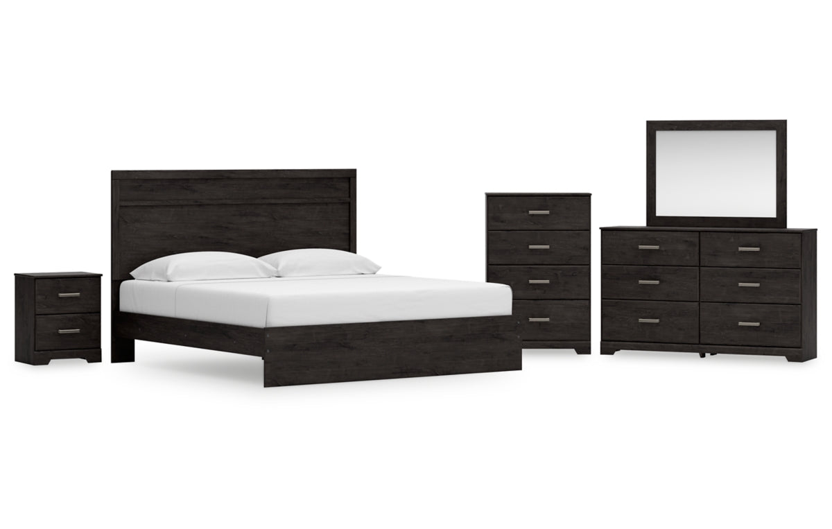 Belachime King Panel Bed with Mirrored Dresser, Chest and Nightstand
