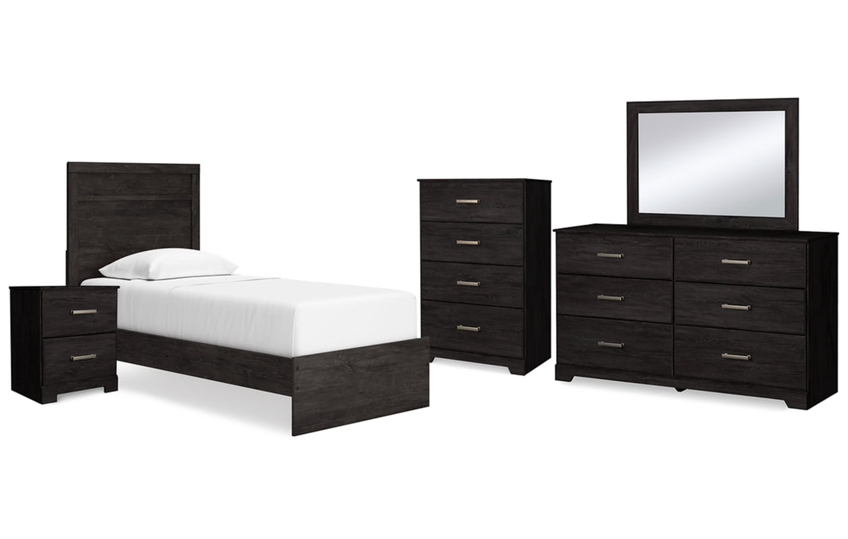 Belachime Twin Panel Bed with Mirrored Dresser, Chest and Nightstand