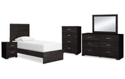 Belachime Twin Panel Bed with Mirrored Dresser, Chest and Nightstand