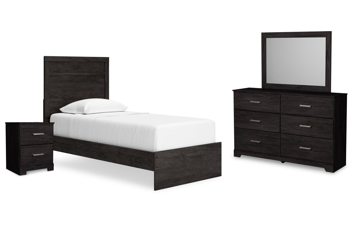 Belachime Twin Panel Bed with Mirrored Dresser and Nightstand