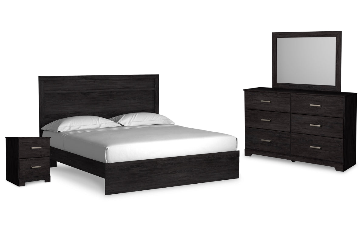 Belachime King Panel Bed with Mirrored Dresser and Nightstand