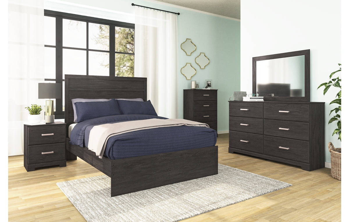 Belachime Full Panel Bed with Mirrored Dresser and Chest