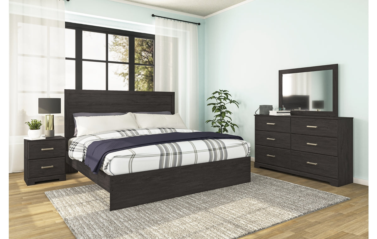 Belachime King Panel Bed with Mirrored Dresser and Nightstand