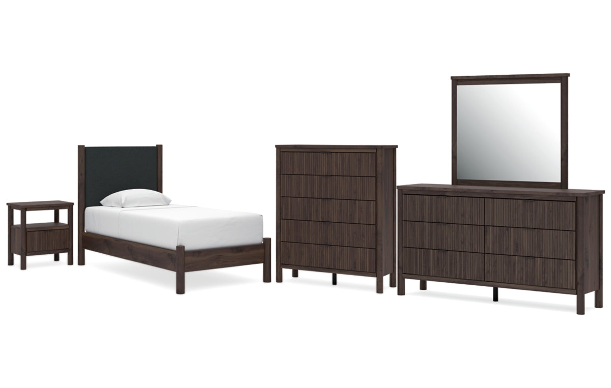 Pamytta Twin Upholstered Panel Bed, Dresser, Mirror, Chest and Nightstand