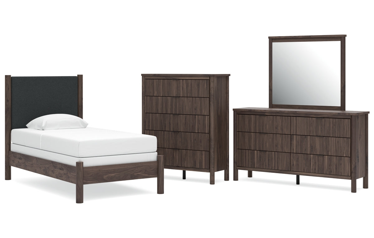 Pamytta Twin Upholstered Panel Bed, Dresser, Mirror and Chest