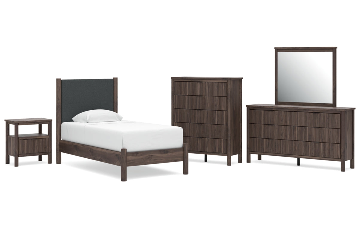 Pamytta Twin Upholstered Panel Platform Bed, Dresser, Mirror, Chest and Nightstand