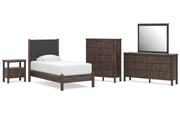 Pamytta Twin Upholstered Panel Platform Bed, Dresser, Mirror, Chest and Nightstand
