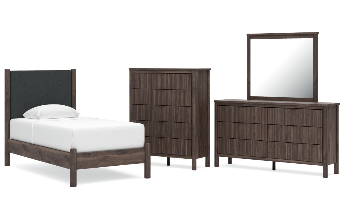 Pamytta Twin Upholstered Panel Platform Bed, Dresser, Mirror and Chest