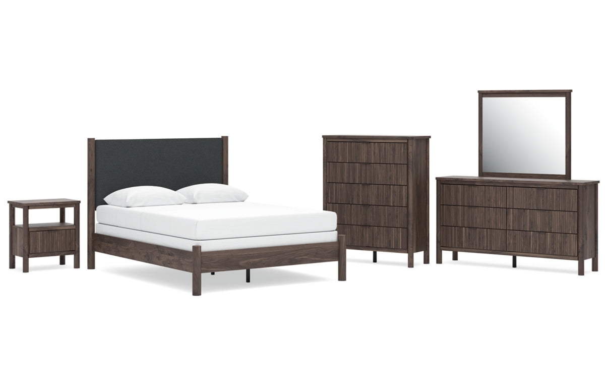 Pamytta Queen Upholstered Panel Bed, Dresser, Mirror, Chest and Nightstand