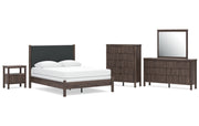 Pamytta Queen Upholstered Panel Bed, Dresser, Mirror, Chest and Nightstand