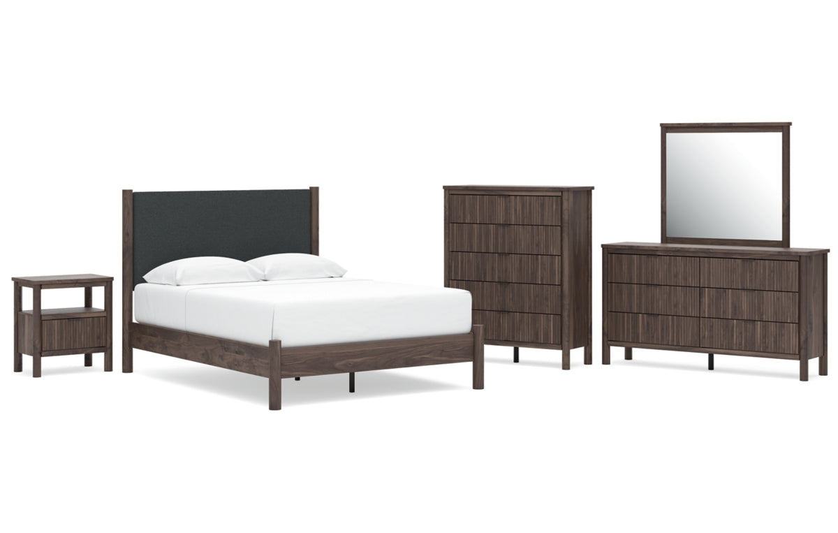 Pamytta Queen Upholstered Panel Platform Bed, Dresser, Mirror, Chest and Nightstand