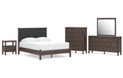Pamytta Queen Upholstered Panel Platform Bed, Dresser, Mirror, Chest and Nightstand