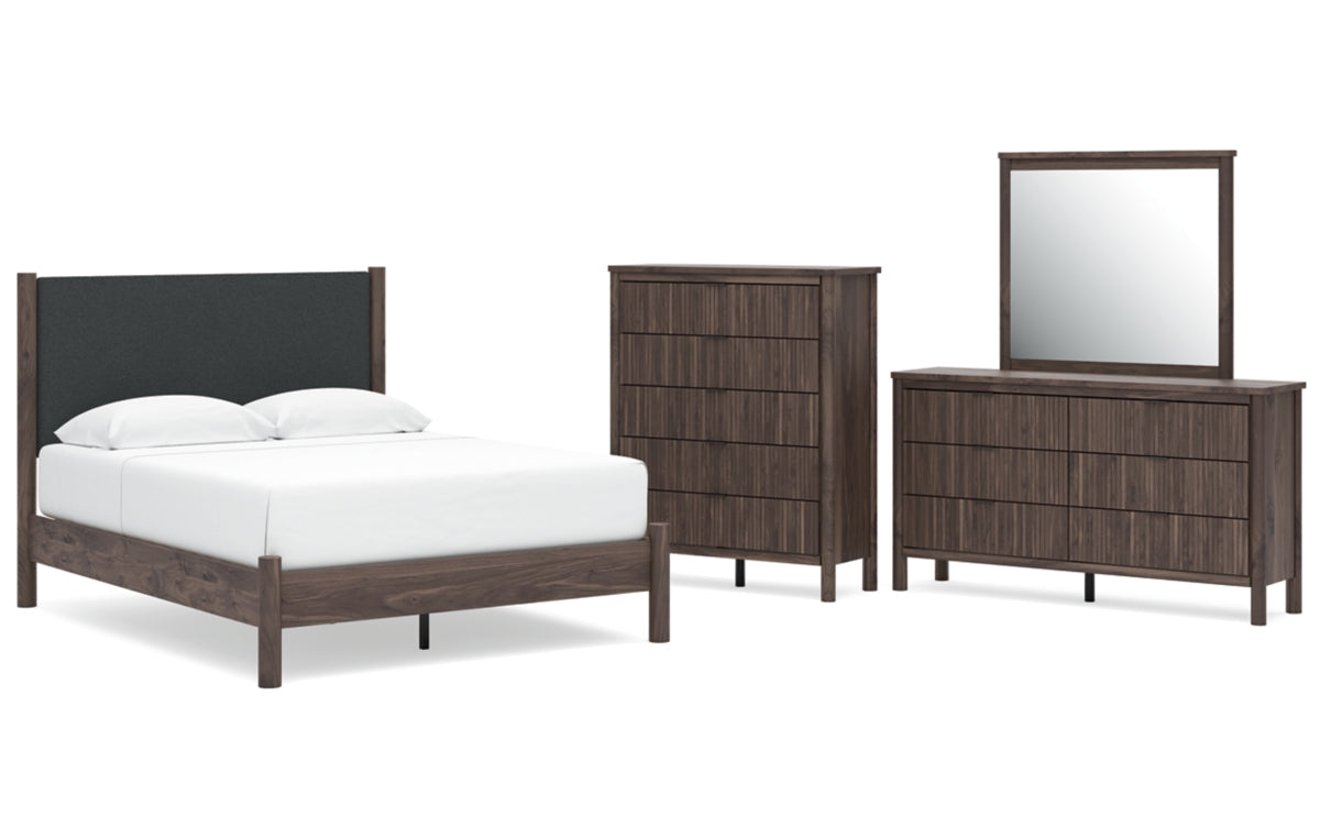 Pamytta Queen Upholstered Panel Platform Bed, Dresser, Mirror and Chest