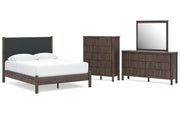 Pamytta Queen Upholstered Panel Platform Bed, Dresser, Mirror and Chest
