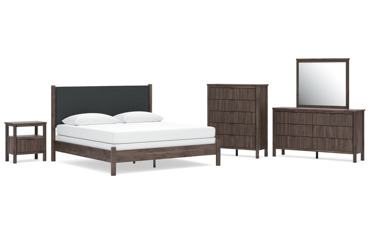 Pamytta King Upholstered Panel Bed, Dresser, Mirror, Chest and Nightstand