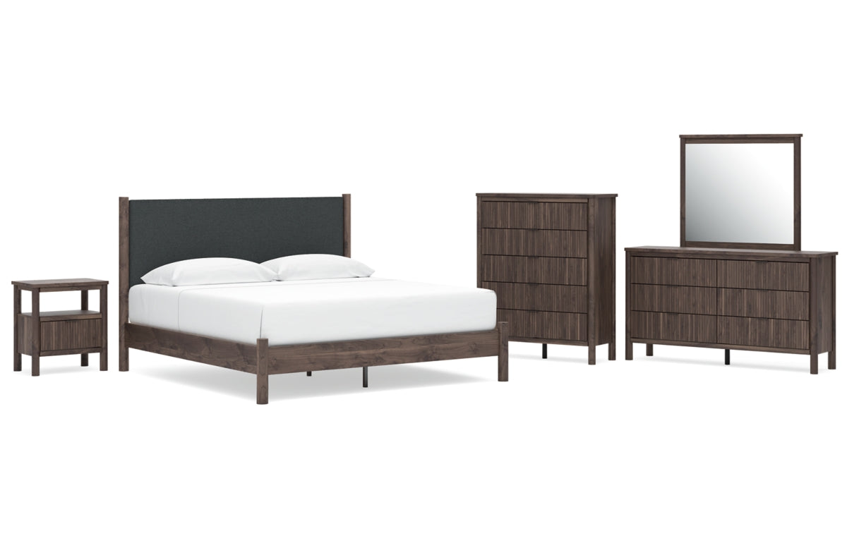 Pamytta King Upholstered Panel Platform Bed, Dresser, Mirror, Chest and Nightstand