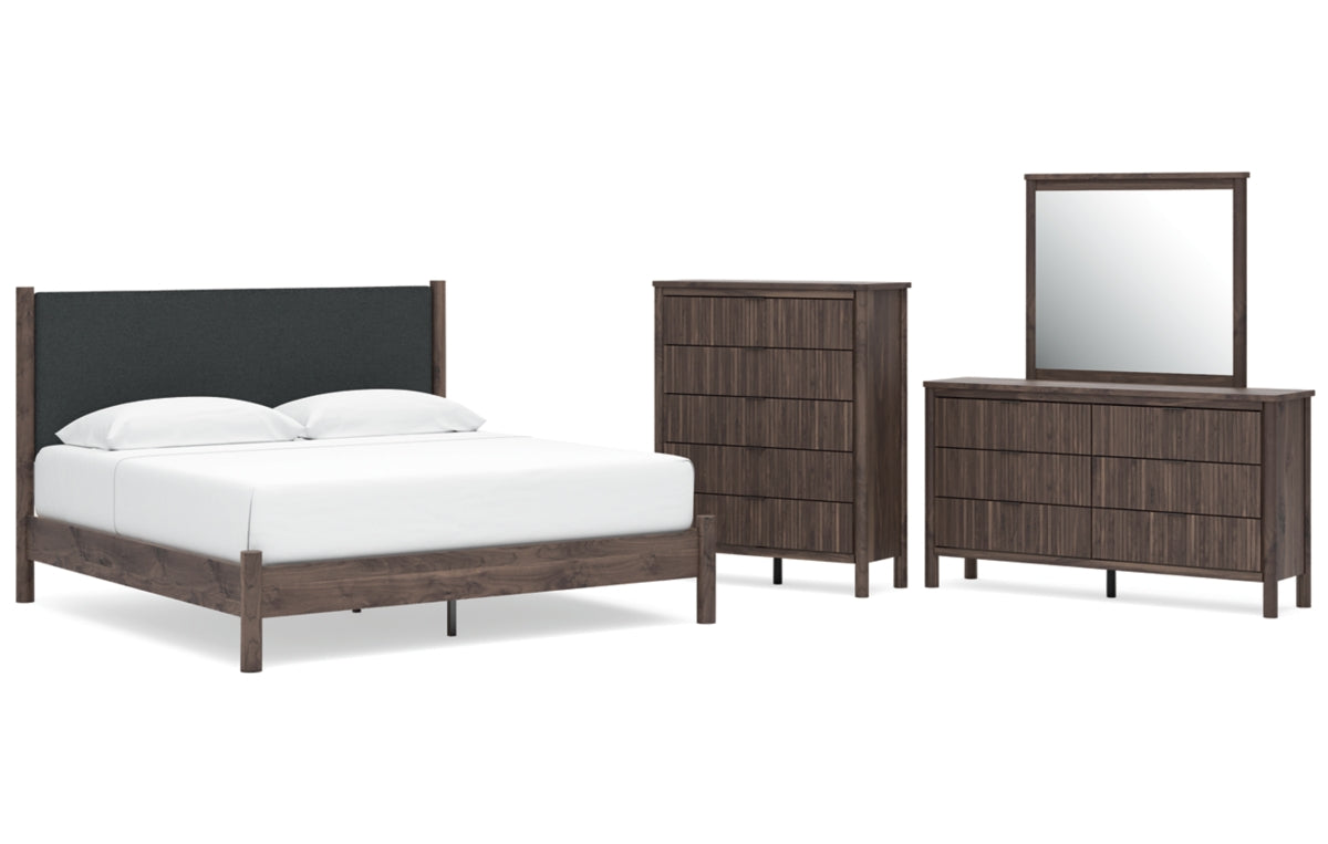 Pamytta King Upholstered Panel Platform Bed, Dresser, Mirror and Chest