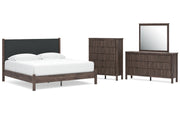 Pamytta King Upholstered Panel Platform Bed, Dresser, Mirror and Chest