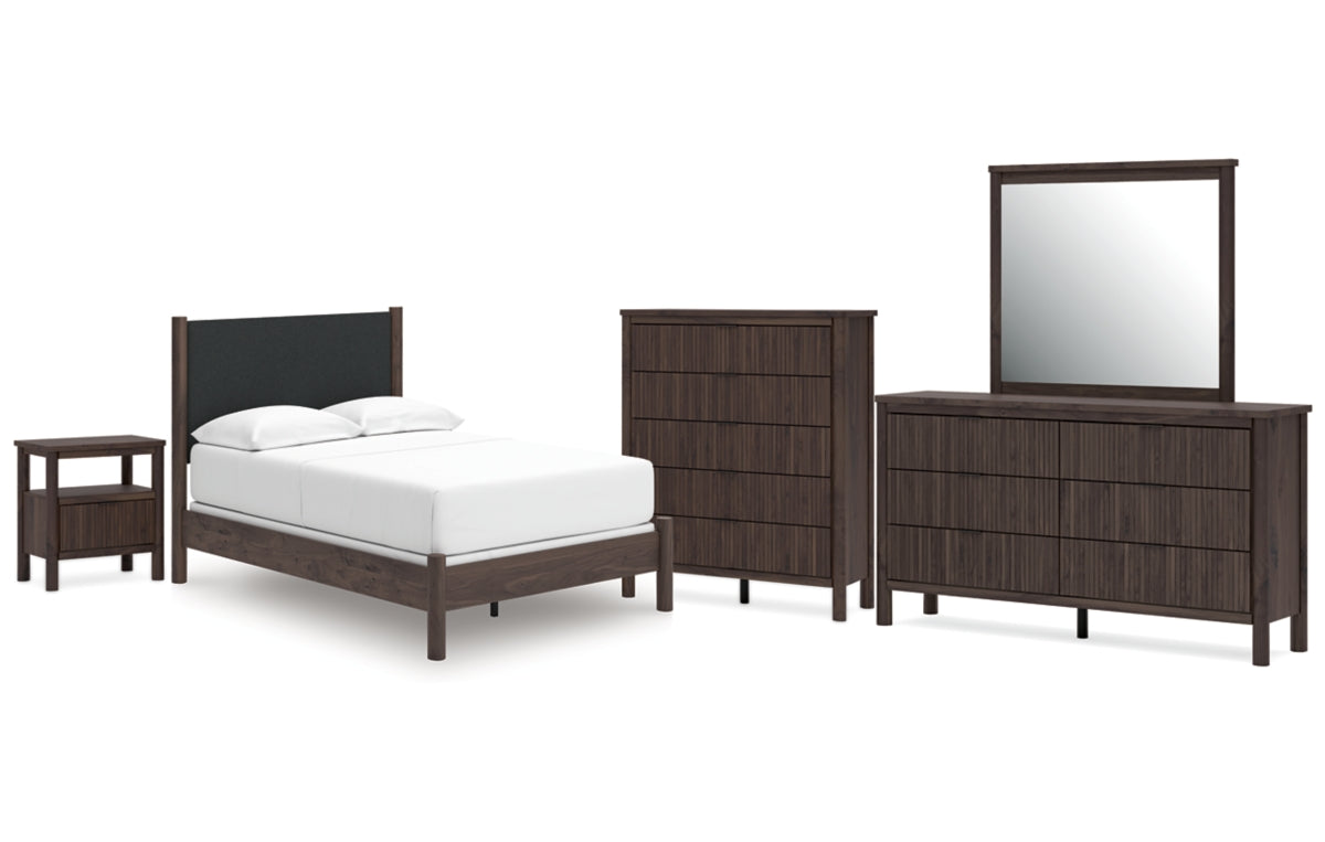 Pamytta Full Upholstered Panel Bed, Dresser, Mirror, Chest and Nightstand