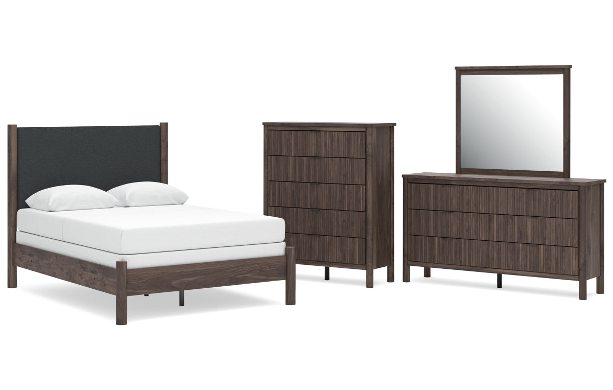 Pamytta Full Upholstered Panel Bed, Dresser, Mirror and Chest