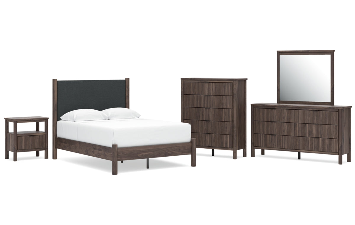 Pamytta Full Upholstered Panel Platform Bed, Dresser, Mirror, Chest and Nightstand