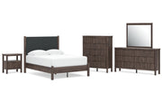 Pamytta Full Upholstered Panel Platform Bed, Dresser, Mirror, Chest and Nightstand