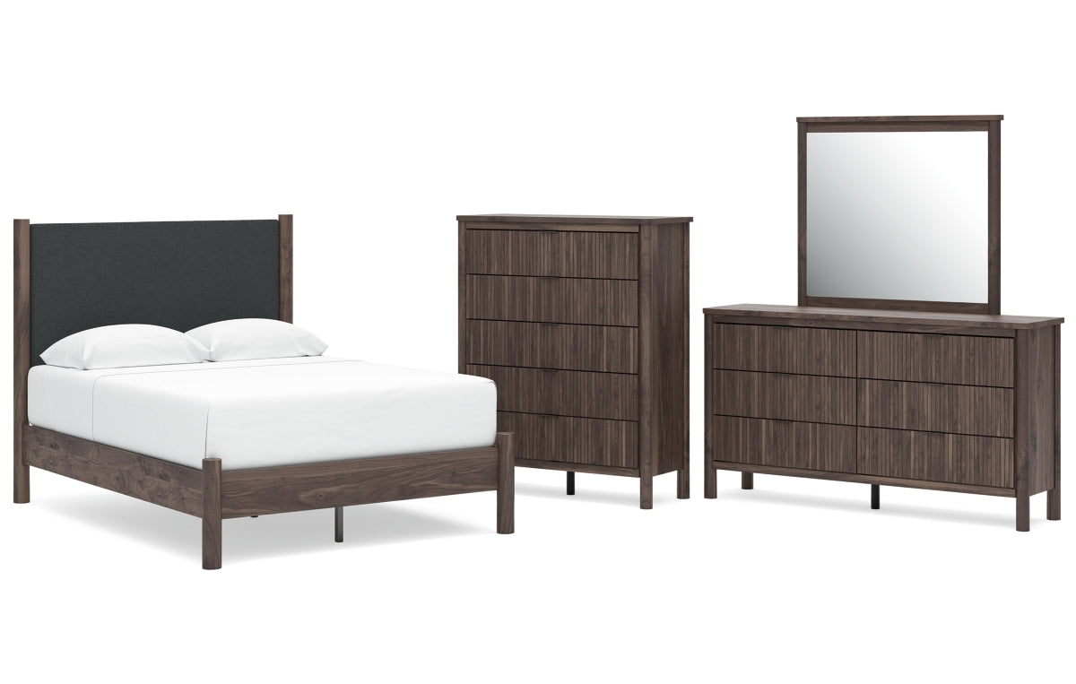 Pamytta Full Upholstered Panel Platform Bed, Dresser, Mirror and Chest