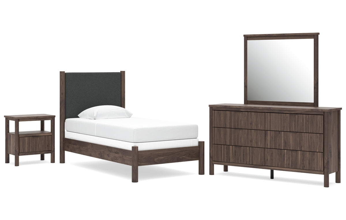 Pamytta Twin Upholstered Panel Bed, Dresser, Mirror and Nightstand